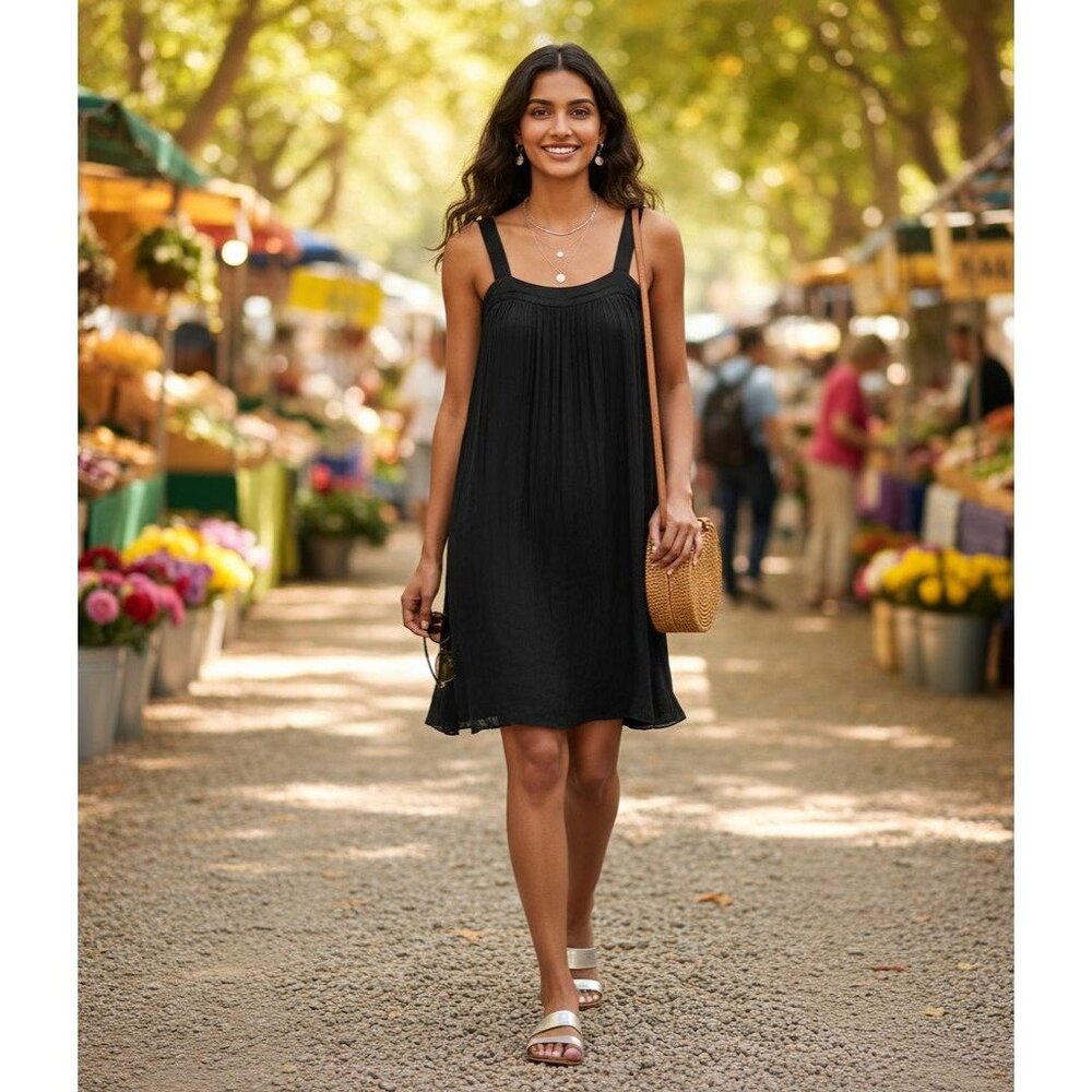 Eileen Fisher Black Lightweight Crinkle Chiffon Sleeveless Silk Dress XS